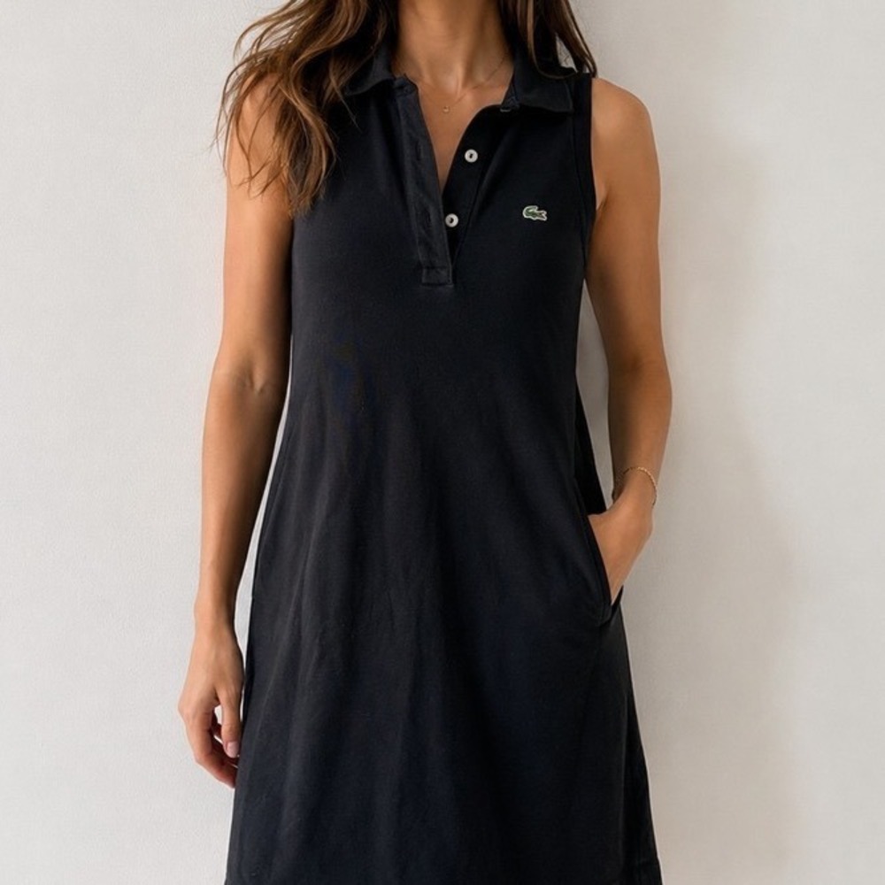 Lacoste Women's Black Sleeveless Polo Dress Size 38 Tennis Gold
